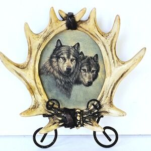 Vintage Faux Antler Wolf Art Plaque Rustic Cabin Lodge Decor w/ Stand Man Cave